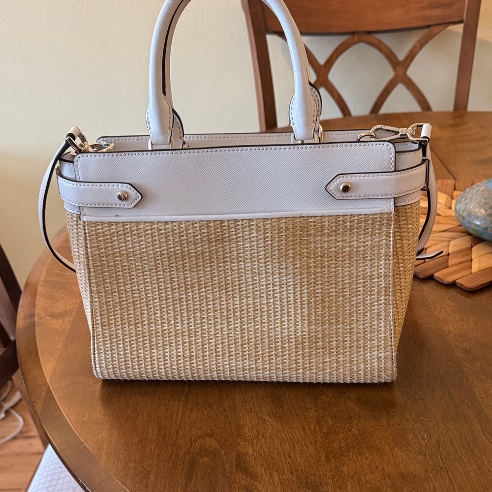 kate spade White Trim Natural Straw Satchel with Floral Charm - Picture 2 of 4
